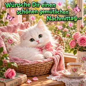 Weiße Katze mit rosa Schleife im Korb, Rosen und Teetasse mit "Wünsche Dir einen schönen gemütlichen Nachmittag...".