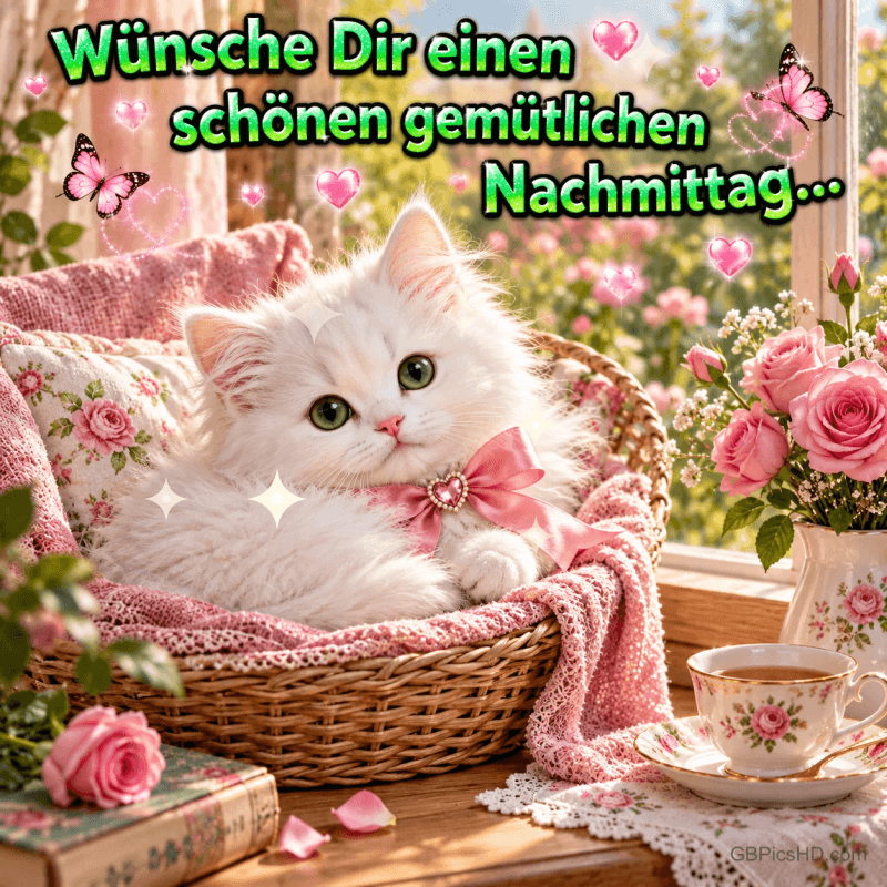 Weiße Katze mit rosa Schleife im Korb, Rosen und Teetasse mit "Wünsche Dir einen schönen gemütlichen Nachmittag...". Weiße Katze mit rosa Schleife im Korb, Rosen und Teetasse mit "Wünsche Dir einen schönen gemütlichen Nachmittag...".