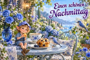 Ein kleiner Elf sitzt mit Gebäck bei blauen Rosen, einer Tasse und zwei Vögeln: "Einen schönen Nachmittag".