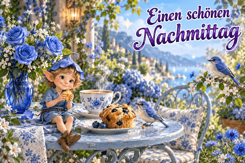 Ein kleiner Elf sitzt mit Gebäck bei blauen Rosen, einer Tasse und zwei Vögeln: "Einen schönen Nachmittag". Ein kleiner Elf sitzt mit Gebäck bei blauen Rosen, einer Tasse und zwei Vögeln: "Einen schönen Nachmittag".