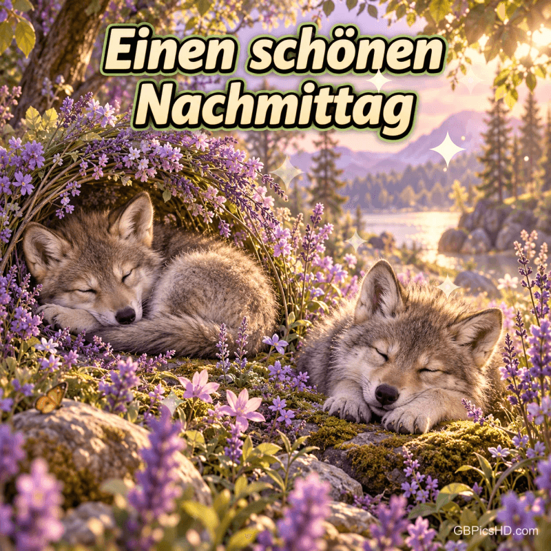 Zwei schlafende Wolfswelpen zwischen violetten Blumen vor einem Bergsee mit "Einen schönen Nachmittag". Zwei schlafende Wolfswelpen zwischen violetten Blumen vor einem Bergsee mit "Einen schönen Nachmittag".