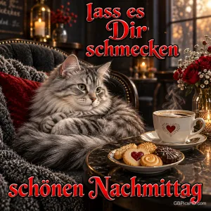 Graue Katze im Sessel neben Kaffee, Keksen und roten Rosen mit "Lass es Dir schmecken Schönen Nachmittag".