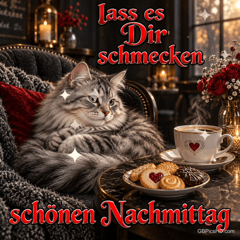Graue Katze im Sessel neben Kaffee, Keksen und roten Rosen mit "Lass es Dir schmecken Schönen Nachmittag". Graue Katze im Sessel neben Kaffee, Keksen und roten Rosen mit "Lass es Dir schmecken Schönen Nachmittag".