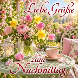 Rosa und gelbe Frühlingsblumen in einer Glasvase neben einer rosa Tasse mit "Liebe Grüße zum Nachmittag.".