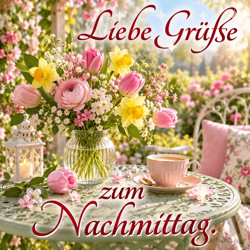 Rosa und gelbe Frühlingsblumen in einer Glasvase neben einer rosa Tasse mit "Liebe Grüße zum Nachmittag.". Rosa und gelbe Frühlingsblumen in einer Glasvase neben einer rosa Tasse mit "Liebe Grüße zum Nachmittag.".