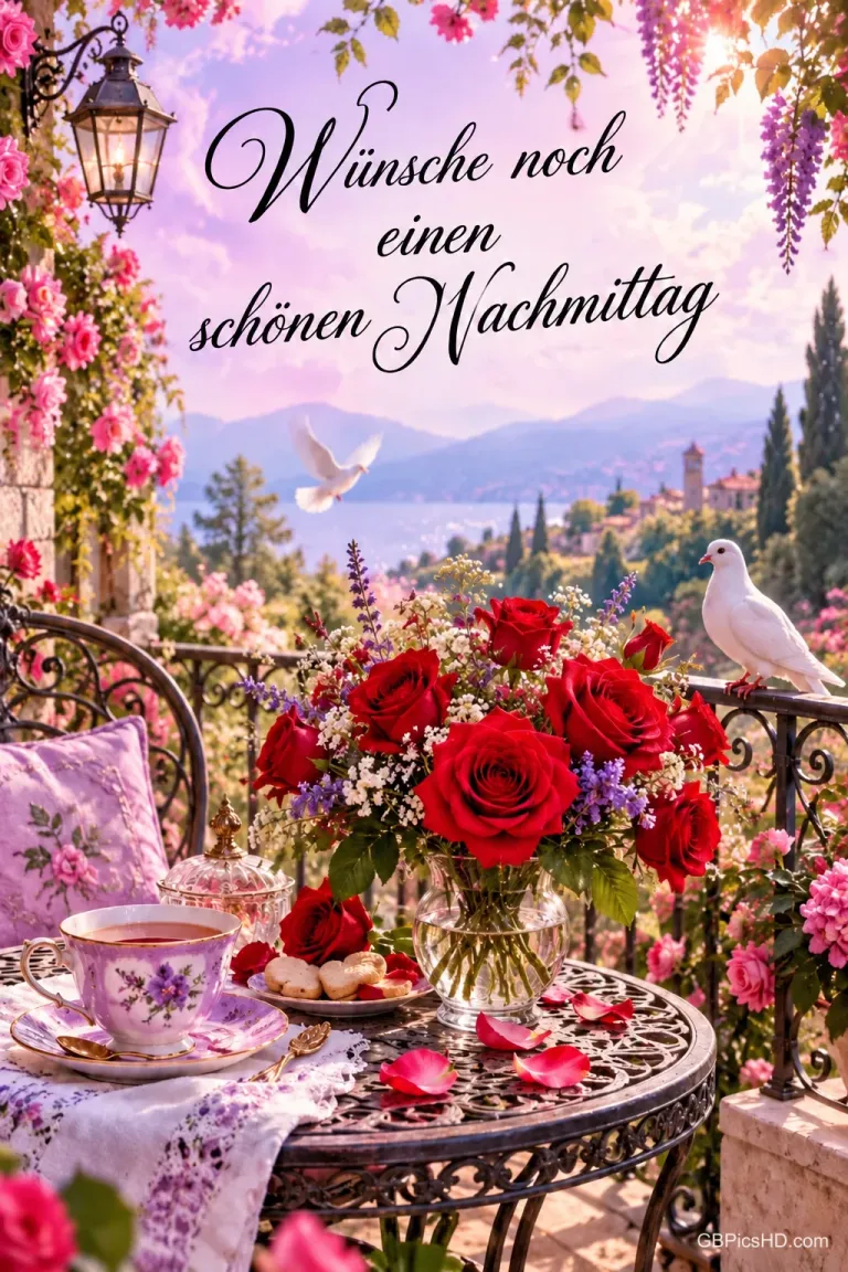 Rote Rosen und eine Teetasse auf einem Balkontisch, zwei weiße Tauben und "Wünsche noch einen schönen Nachmittag".