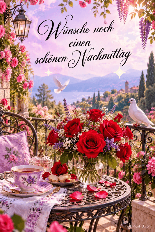 Rote Rosen und eine Teetasse auf einem Balkontisch, zwei weiße Tauben und "Wünsche noch einen schönen Nachmittag". Rote Rosen und eine Teetasse auf einem Balkontisch, zwei weiße Tauben und "Wünsche noch einen schönen Nachmittag".