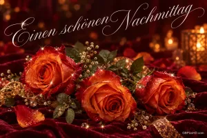 Drei orangefarbene Rosen mit Glitzer auf dunkelrotem Samt vor warmen Lichtern und "Einen schönen Nachmittag".