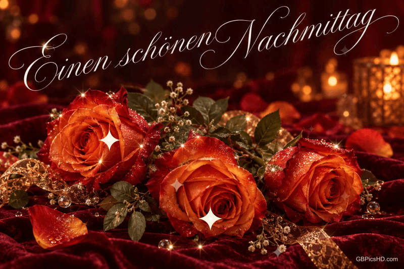 Drei orangefarbene Rosen mit Glitzer auf dunkelrotem Samt vor warmen Lichtern und "Einen schönen Nachmittag". Drei orangefarbene Rosen mit Glitzer auf dunkelrotem Samt vor warmen Lichtern und "Einen schönen Nachmittag".