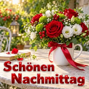 Rote Rosen und weiße Blüten in einem Krug mit roter Schleife: "Schönen Nachmittag".