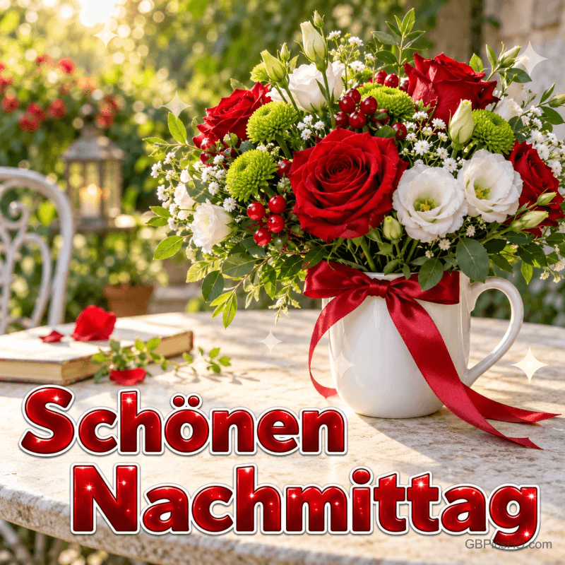 Rote Rosen und weiße Blüten in einem Krug mit roter Schleife: "Schönen Nachmittag". Rote Rosen und weiße Blüten in einem Krug mit roter Schleife: "Schönen Nachmittag".