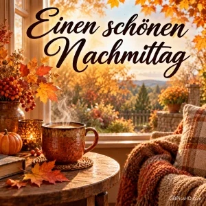 Eine dampfende Tasse am Fenster mit Herbstlaub und einer gemütlichen Decke: "Einen schönen Nachmittag".