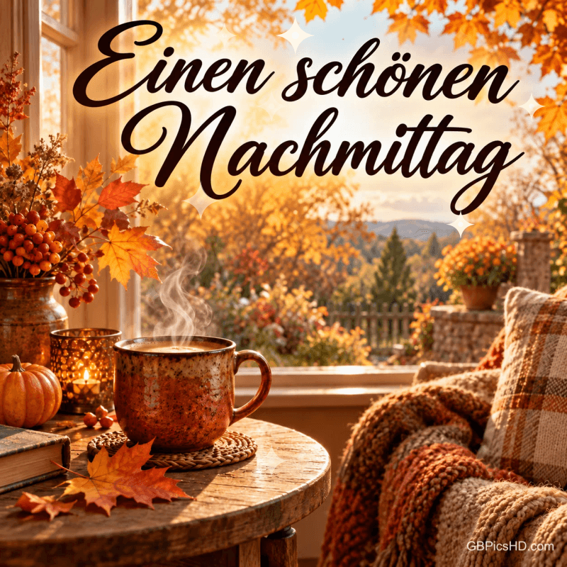 Eine dampfende Tasse am Fenster mit Herbstlaub und einer gemütlichen Decke: "Einen schönen Nachmittag". Eine dampfende Tasse am Fenster mit Herbstlaub und einer gemütlichen Decke: "Einen schönen Nachmittag".