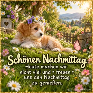 Ein Welpe mit Blumenkranz: "Schönen Nachmittag Heute machen wir nicht viel und * freuen * uns den Nachmittag zu genießen."