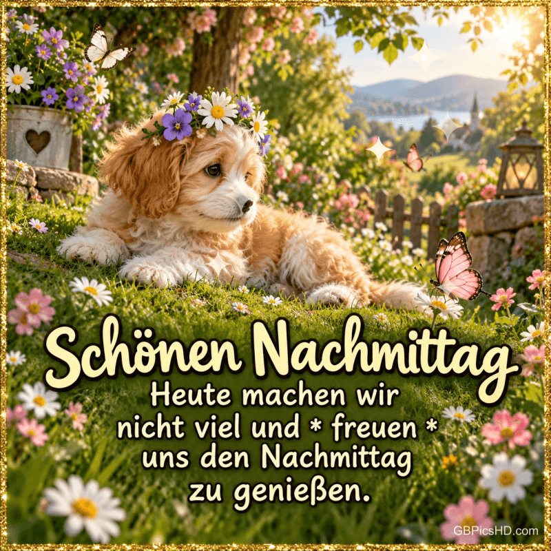 Ein Welpe mit Blumenkranz: "Schönen Nachmittag Heute machen wir nicht viel und * freuen * uns den Nachmittag zu genießen." Ein Welpe mit Blumenkranz: "Schönen Nachmittag Heute machen wir nicht viel und * freuen * uns den Nachmittag zu genießen."