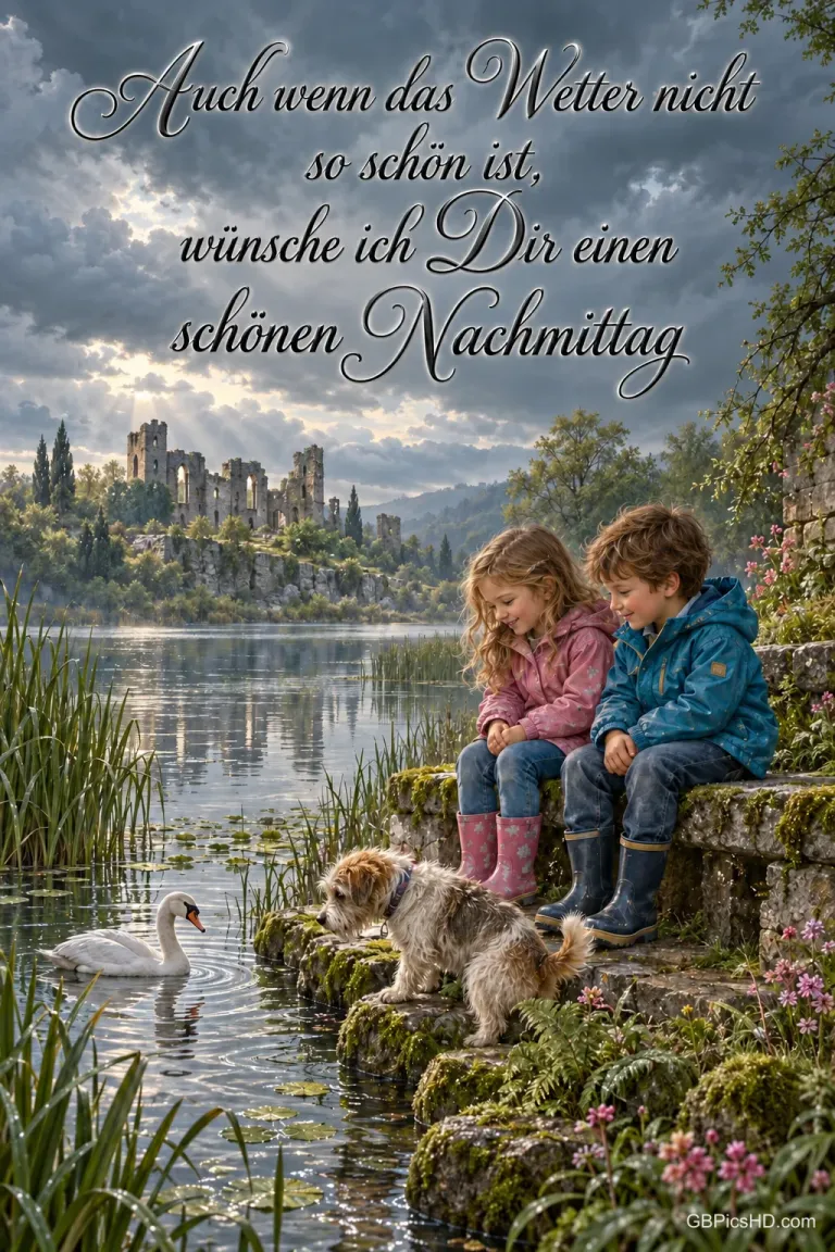 Zwei Kinder und ein Hund am See mit einem Schwan: "Auch wenn das Wetter nicht so schön ist, wünsche ich Dir einen schönen Nachmittag".