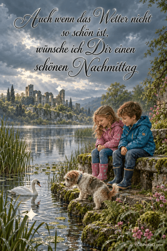 Zwei Kinder und ein Hund am See mit einem Schwan: "Auch wenn das Wetter nicht so schön ist, wünsche ich Dir einen schönen Nachmittag". Zwei Kinder und ein Hund am See mit einem Schwan: "Auch wenn das Wetter nicht so schön ist, wünsche ich Dir einen schönen Nachmittag".