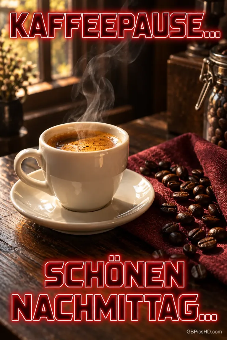 Eine dampfende Kaffeetasse neben Kaffeebohnen und einem roten Tuch: "KAFFEEPAUSE... SCHÖNEN NACHMITTAG...".
