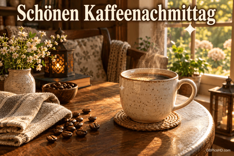 Eine dampfende Kaffeetasse steht mit Blumen und Kaffeebohnen auf einem Holztisch mit dem Gruß "Schönen Kaffeenachmittag". Eine dampfende Kaffeetasse steht mit Blumen und Kaffeebohnen auf einem Holztisch mit dem Gruß "Schönen Kaffeenachmittag".