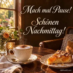 Kaffee und ein Stück Kuchen auf einem Holztisch am Fenster: "Mach mal Pause! Schönen Nachmittag!".
