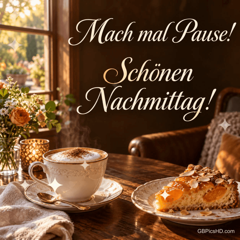 Kaffee und ein Stück Kuchen auf einem Holztisch am Fenster: "Mach mal Pause! Schönen Nachmittag!". Kaffee und ein Stück Kuchen auf einem Holztisch am Fenster: "Mach mal Pause! Schönen Nachmittag!".