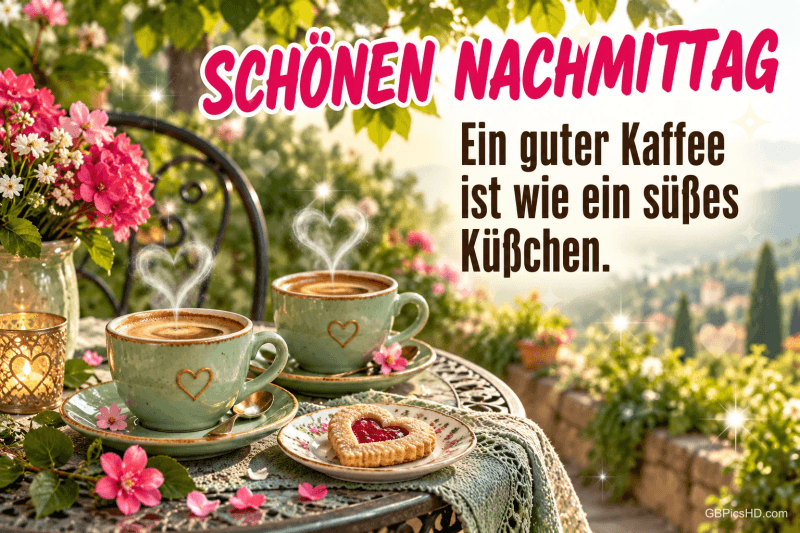 Zwei Kaffeetassen und ein Herzkeks im blühenden Garten: "SCHÖNEN NACHMITTAG Ein guter Kaffee ist wie ein süßes Küsschen."