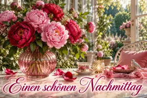 Rosa und rote Pfingstrosen in einer Glasvase, eine Teetasse und ein kleiner Vogel: "Einen schönen Nachmittag".