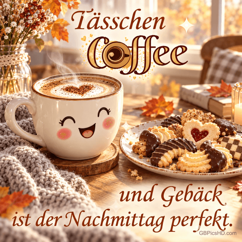 Eine lächelnde Kaffeetasse und Gebäck am Herbstfenster mit "Tässchen Coffee und Gebäck ist der Nachmittag perfekt."