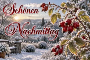 Bereifte Hagebutten vor einem verschneiten Garten im Sonnenlicht mit "Schönen Nachmittag".