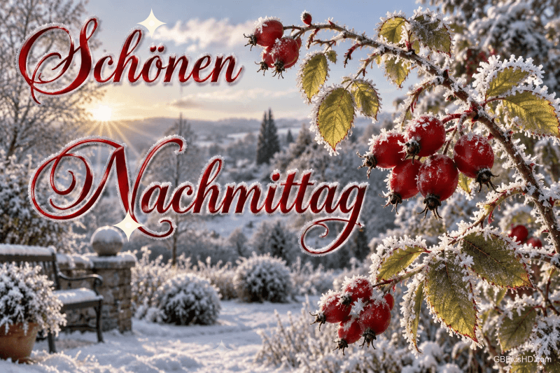 Bereifte Hagebutten vor einem verschneiten Garten im Sonnenlicht mit "Schönen Nachmittag".