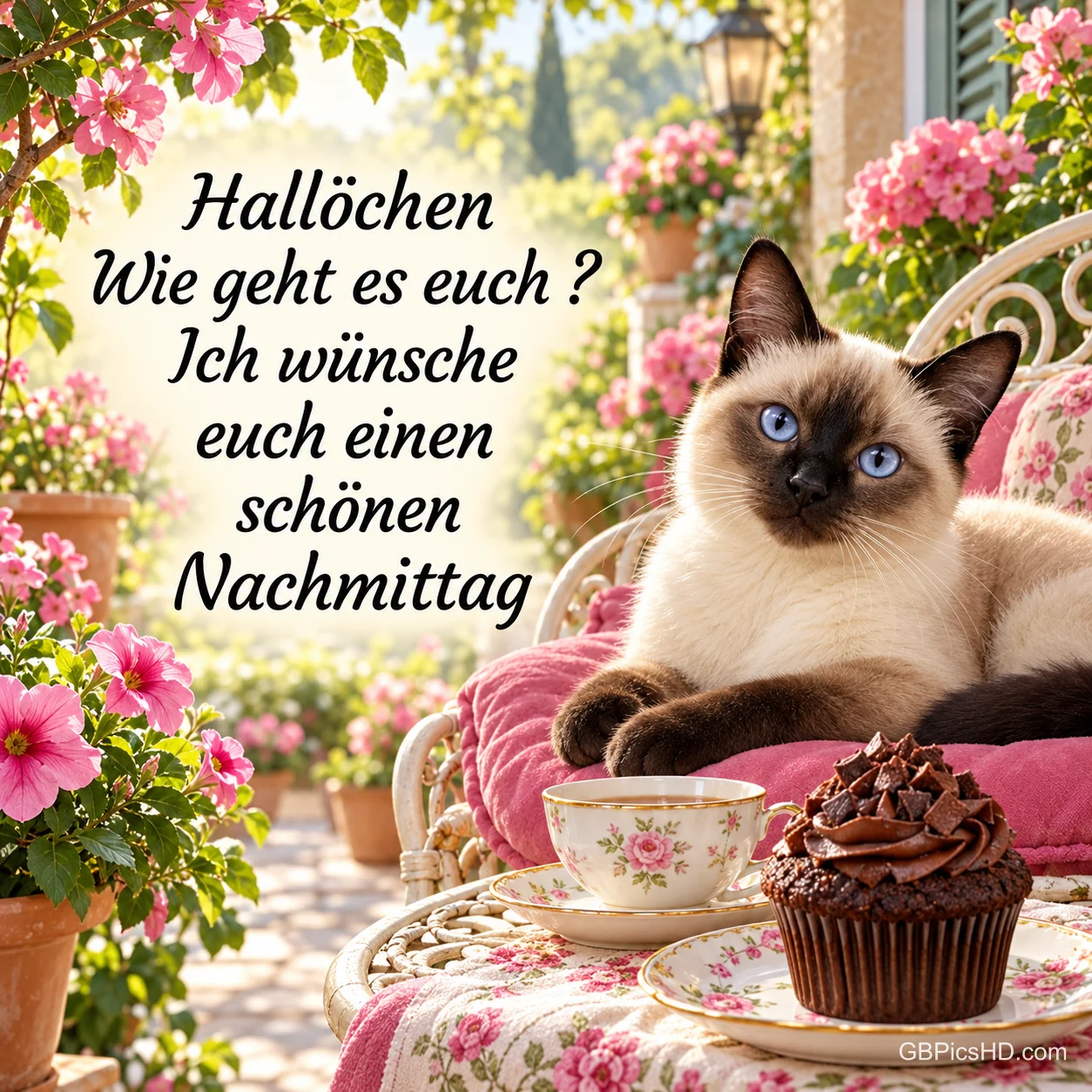 Eine Siamkatze auf einem rosa Kissen neben Tasse und Muffin mit "Hallöchen Wie geht es euch? Ich wünsche euch einen schönen Nachmittag".