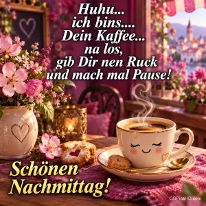 Eine Kaffeetasse mit Gesicht und "Huhu... ich bin’s.... Dein Kaffee... na los, gib Dir nen Ruck und mach mal Pause! Schönen Nachmittag!".