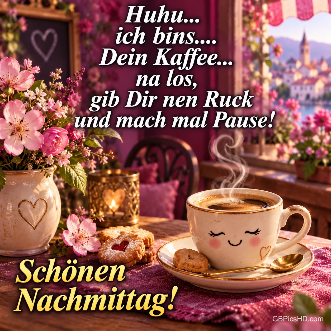 Eine Kaffeetasse mit Gesicht und "Huhu... ich bin’s.... Dein Kaffee... na los, gib Dir nen Ruck und mach mal Pause! Schönen Nachmittag!".