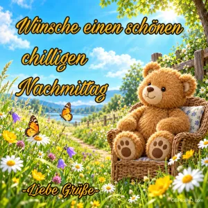 Ein Teddybär im Korbsessel zwischen Blumen und Schmetterlingen mit "Wünsche einen schönen chilligen Nachmittag -Liebe Grüße-".