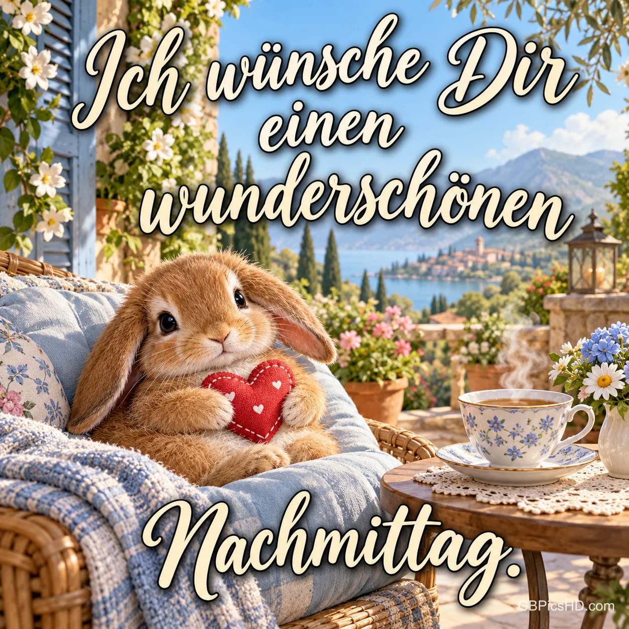 Ein Häschen hält ein rotes Stoffherz im Korbsessel neben einer Teetasse mit "Ich wünsche Dir einen wunderschönen Nachmittag."