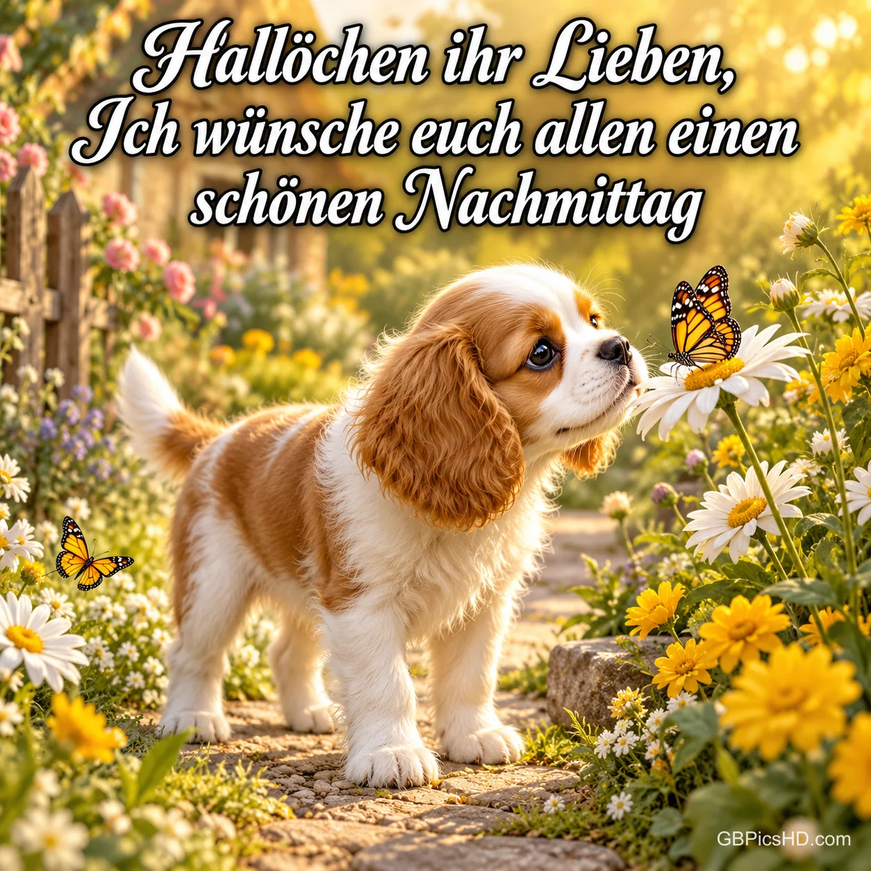 Ein braun-weißer Welpe betrachtet einen Schmetterling auf einer Blüte mit "Hallöchen ihr Lieben, ich wünsche euch allen einen schönen Nachmittag".