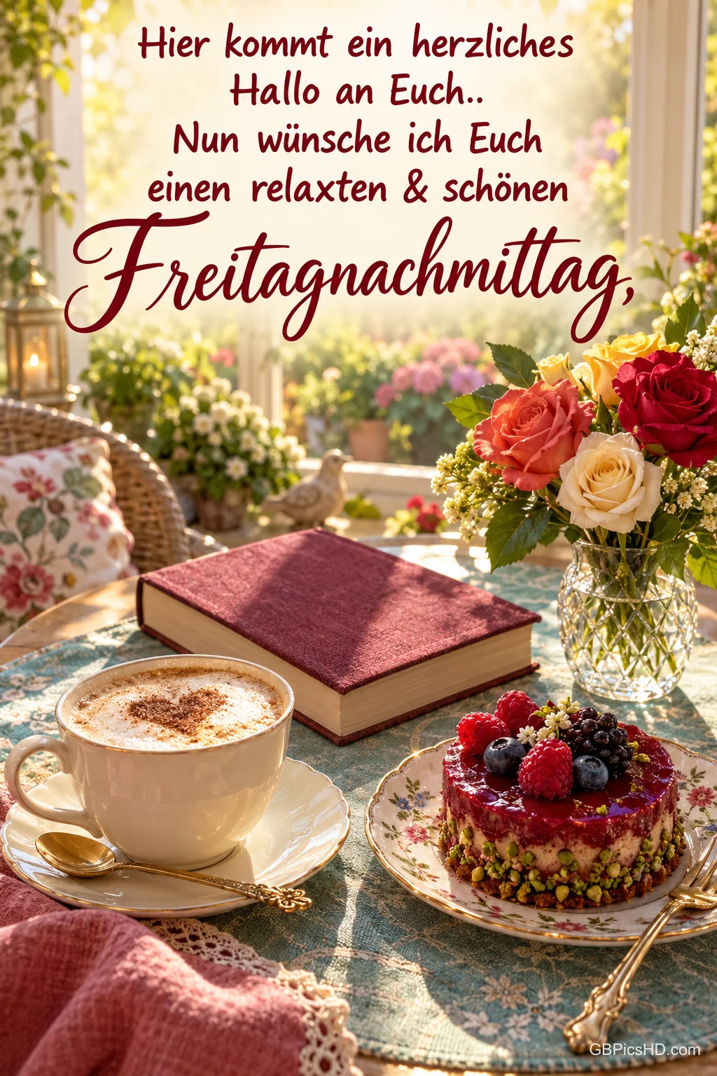 Kaffee, Beerenkuchen, Buch und Rosen am sonnigen Fenster mit dem Gruß "einen relaxten & schönen Freitagnachmittag".