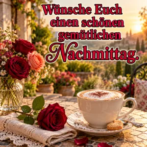 Kaffee, Keks und Rosen auf einer Terrasse im Abendlicht mit "Wünsche Euch einen schönen gemütlichen Nachmittag."