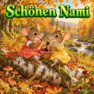 Zwei Mäuse in bunten Kleidern sitzen mit Beeren auf einem Birkenstamm im Herbstwald unter dem Gruß "Schönen Nami".
