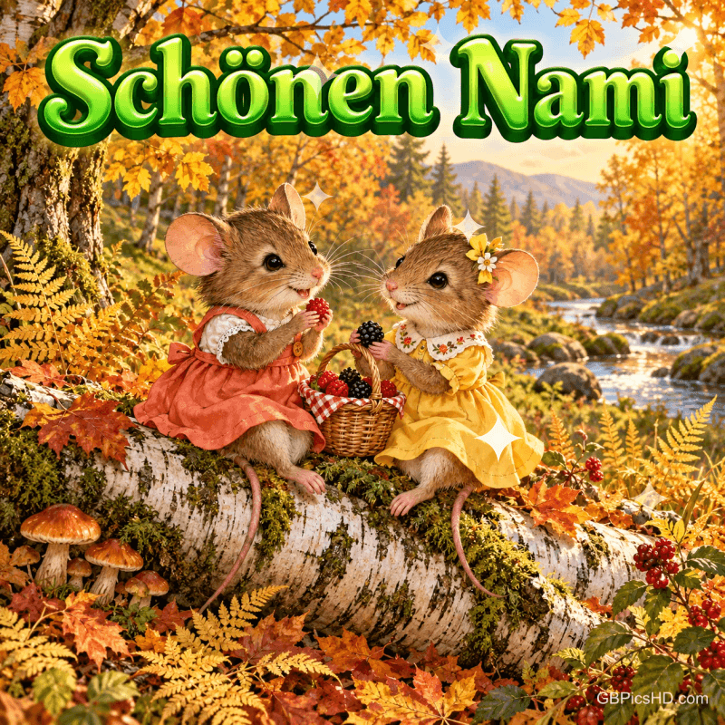 Zwei Mäuse in bunten Kleidern sitzen mit Beeren auf einem Birkenstamm im Herbstwald unter dem Gruß "Schönen Nami".