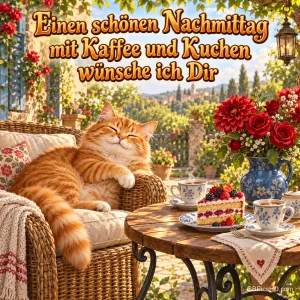 Eine Katze ruht neben Kaffee, Kuchen und Blumen mit "Einen schönen Nachmittag mit Kaffee und Kuchen wünsche ich Dir".