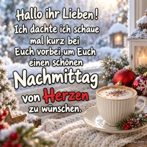 Kaffee auf einer Strickdecke, rote Weihnachtskugeln und Laternen am verschneiten Fenster mit "einen schönen Nachmittag von Herzen".
