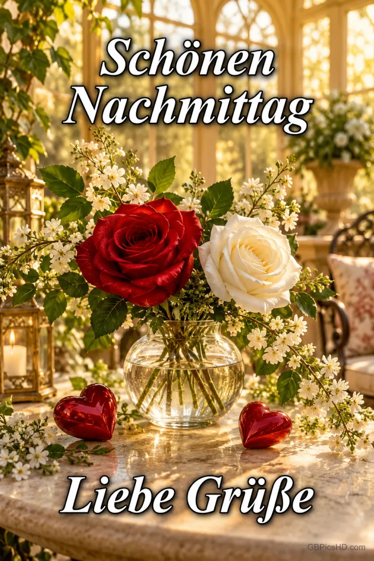 Rote und weiße Rosen in einer Glasvase stehen zwischen zwei roten Herzen mit "Schönen Nachmittag Liebe Grüße".