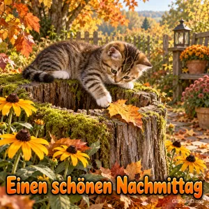 Ein Kätzchen greift auf einem moosigen Baumstumpf nach einem Herbstblatt, darunter steht "Einen schönen Nachmittag".