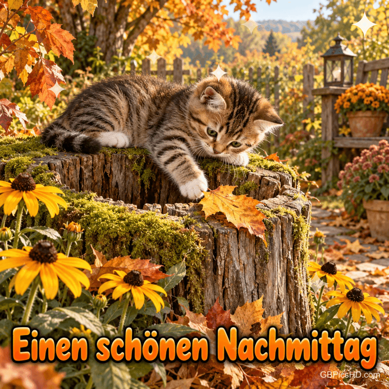 Ein Kätzchen greift auf einem moosigen Baumstumpf nach einem Herbstblatt, darunter steht "Einen schönen Nachmittag".
