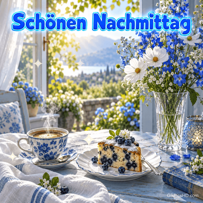 Kaffee, Blaubeerkuchen und blau-weiße Blumen am offenen Fenster mit dem Gruß "Schönen Nachmittag".