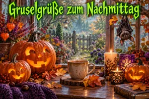 Leuchtende Kürbisse, Kerzen, eine Tasse und eine hängende Fledermaus mit dem Gruß "Gruselgrüße zum Nachmittag".