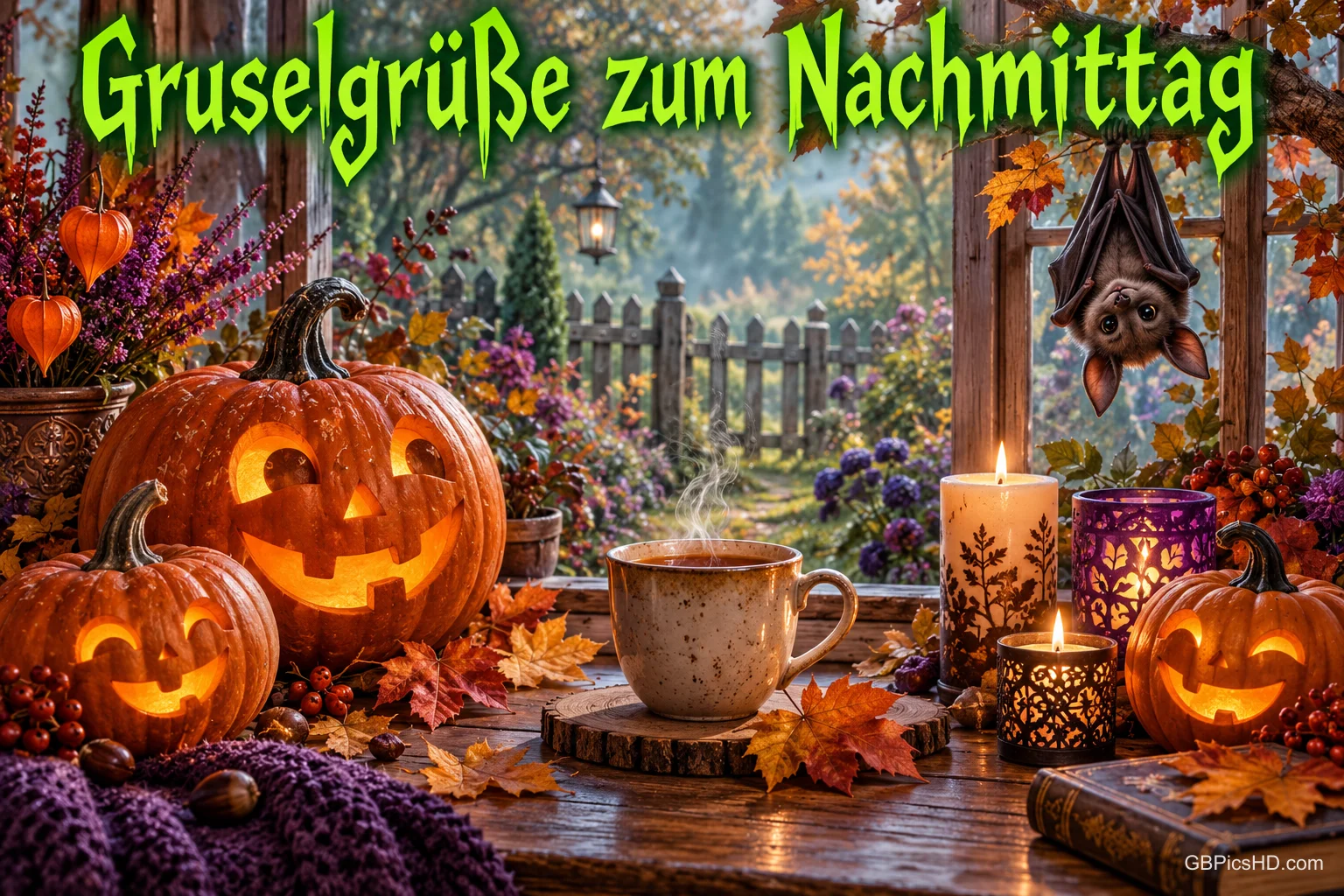 Leuchtende Kürbisse, Kerzen, eine Tasse und eine hängende Fledermaus mit dem Gruß "Gruselgrüße zum Nachmittag".