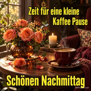 Rosen, eine Kerze und dampfender Kaffee auf einem Holztisch mit "Zeit für eine kleine Kaffee Pause Schönen Nachmittag".