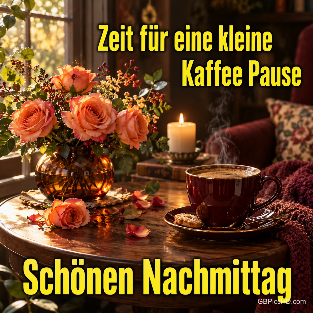 Rosen, eine Kerze und dampfender Kaffee auf einem Holztisch mit "Zeit für eine kleine Kaffee Pause Schönen Nachmittag".